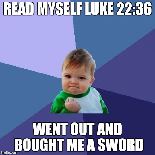 Success Kid | READ MYSELF LUKE 22:36; WENT OUT AND BOUGHT ME A SWORD | image tagged in memes,success kid | made w/ Imgflip meme maker