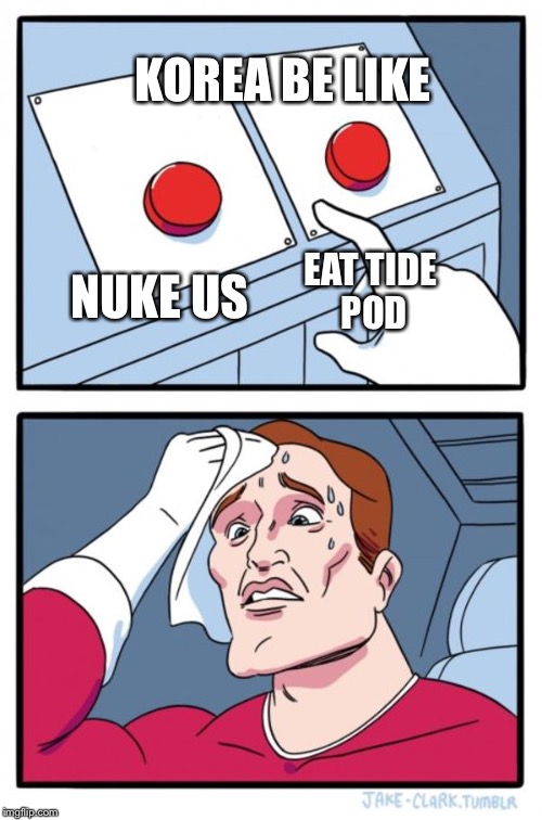 Two Buttons | KOREA BE LIKE; NUKE US; EAT TIDE POD | image tagged in memes,two buttons | made w/ Imgflip meme maker