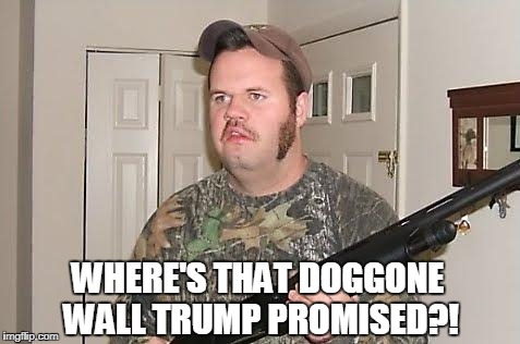 Redneck wonder | WHERE'S THAT DOGGONE WALL TRUMP PROMISED?! | image tagged in redneck wonder | made w/ Imgflip meme maker