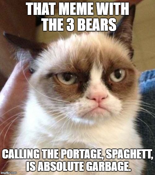 Grumpy Cat Reverse Meme | THAT MEME WITH THE 3 BEARS; CALLING THE PORTAGE, SPAGHETT, IS ABSOLUTE GARBAGE. | image tagged in memes,grumpy cat reverse,grumpy cat | made w/ Imgflip meme maker