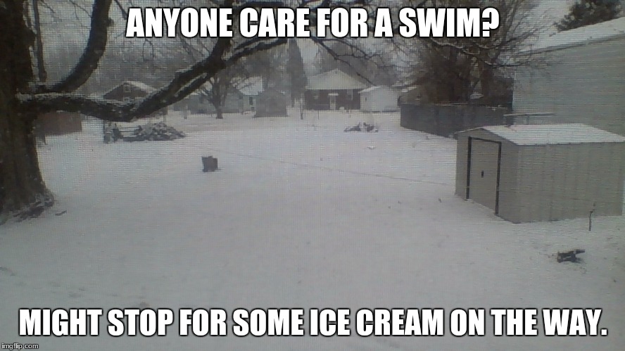 Midwest Life at it's "best" |  ANYONE CARE FOR A SWIM? MIGHT STOP FOR SOME ICE CREAM ON THE WAY. | image tagged in memes,funny,snow,sarcasm | made w/ Imgflip meme maker