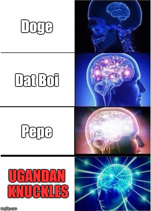 Top 4 Internet Memes: |  Doge; Dat Boi; Pepe; UGANDAN KNUCKLES | image tagged in memes,expanding brain,doge,datboi,pepe,ugandan knuckles | made w/ Imgflip meme maker