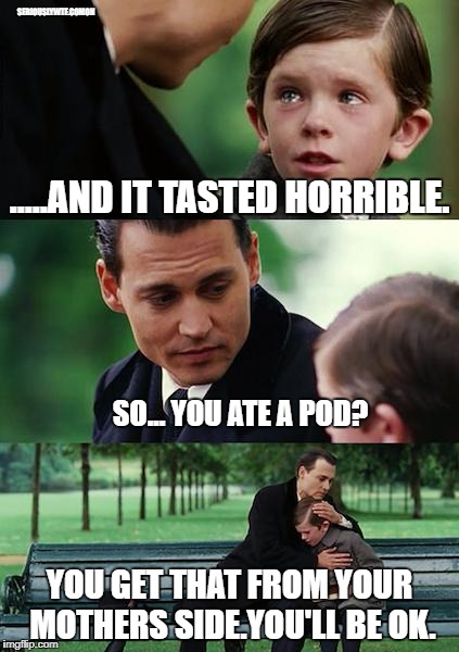 Finding Neverland Meme | SERIOUSLYWTF.COMON; .....AND IT TASTED HORRIBLE. SO... YOU ATE A POD? YOU GET THAT FROM YOUR MOTHERS SIDE.YOU'LL BE OK. | image tagged in memes,finding neverland | made w/ Imgflip meme maker