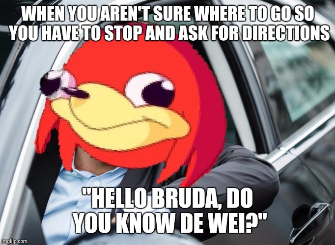 Uganda Knuckes asking for directions | WHEN YOU AREN'T SURE WHERE TO GO SO YOU HAVE TO STOP AND ASK FOR DIRECTIONS; "HELLO BRUDA, DO YOU KNOW DE WEI?" | image tagged in ugandan knuckles,knuckles,uganda,da wae,memes | made w/ Imgflip meme maker