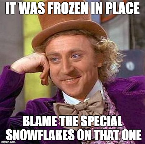 Creepy Condescending Wonka Meme | IT WAS FROZEN IN PLACE BLAME THE SPECIAL SNOWFLAKES ON THAT ONE | image tagged in memes,creepy condescending wonka | made w/ Imgflip meme maker