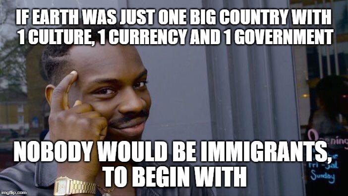 There's a reason why illegal immigration is a bad thing. ;) | IF EARTH WAS JUST ONE BIG COUNTRY WITH 1 CULTURE, 1 CURRENCY AND 1 GOVERNMENT; NOBODY WOULD BE IMMIGRANTS, TO BEGIN WITH | image tagged in memes,roll safe think about it,politics,illegal immigration,immigration,derp | made w/ Imgflip meme maker
