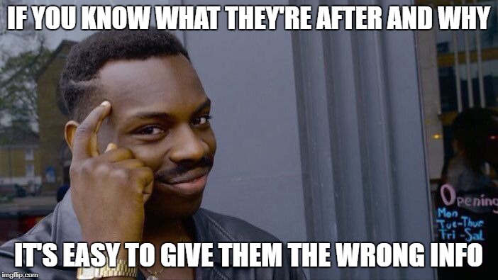Roll Safe Think About It Meme | IF YOU KNOW WHAT THEY'RE AFTER AND WHY IT'S EASY TO GIVE THEM THE WRONG INFO | image tagged in memes,roll safe think about it | made w/ Imgflip meme maker