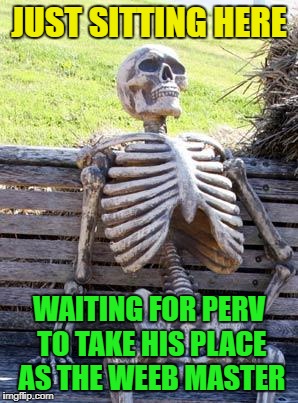 Perv!!! Come back already!!! | JUST SITTING HERE; WAITING FOR PERV TO TAKE HIS PLACE AS THE WEEB MASTER | image tagged in memes,waiting skeleton,funny,perv | made w/ Imgflip meme maker