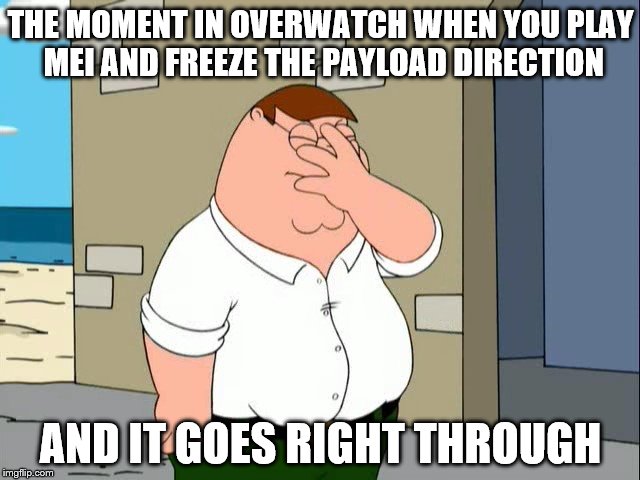 Overwatch logic | THE MOMENT IN OVERWATCH WHEN YOU PLAY MEI AND FREEZE THE PAYLOAD DIRECTION; AND IT GOES RIGHT THROUGH | image tagged in so true,overwatch,peter griffin | made w/ Imgflip meme maker