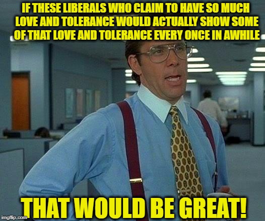That Would Be Great Meme | IF THESE LIBERALS WHO CLAIM TO HAVE SO MUCH LOVE AND TOLERANCE WOULD ACTUALLY SHOW SOME OF THAT LOVE AND TOLERANCE EVERY ONCE IN AWHILE; THAT WOULD BE GREAT! | image tagged in memes,that would be great,liberal hypocrisy,democratic party | made w/ Imgflip meme maker