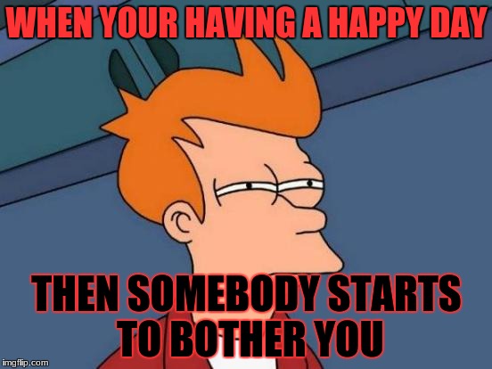 Futurama Fry Meme | WHEN YOUR HAVING A HAPPY DAY; THEN SOMEBODY STARTS TO BOTHER YOU | image tagged in memes,futurama fry | made w/ Imgflip meme maker