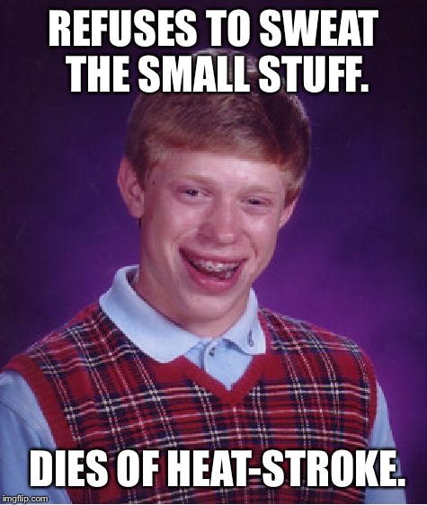 Bad Luck Brian | REFUSES TO SWEAT THE SMALL STUFF. DIES OF HEAT-STROKE. | image tagged in memes,bad luck brian,bad luck,funny,funny memes,first world problems | made w/ Imgflip meme maker