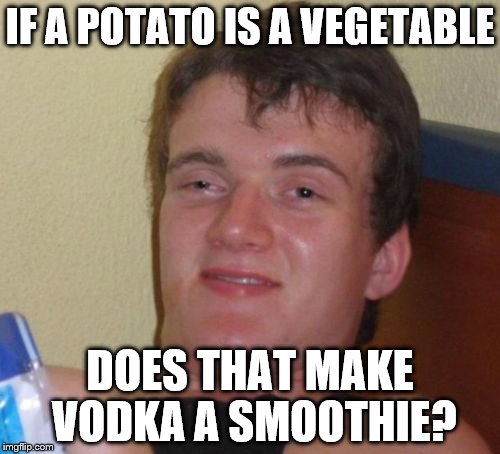 10 Guy | IF A POTATO IS A VEGETABLE; DOES THAT MAKE VODKA A SMOOTHIE? | image tagged in memes,10 guy | made w/ Imgflip meme maker