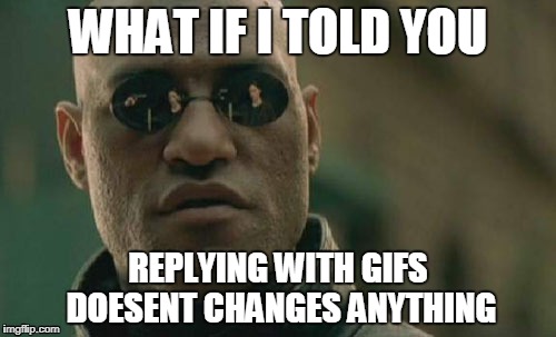 Matrix Morpheus Meme | WHAT IF I TOLD YOU; REPLYING WITH GIFS DOESENT CHANGES ANYTHING | image tagged in memes,matrix morpheus | made w/ Imgflip meme maker
