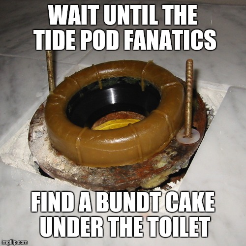 WAIT UNTIL THE TIDE POD FANATICS; FIND A BUNDT CAKE UNDER THE TOILET | image tagged in tide pods,bundt cake,toilet | made w/ Imgflip meme maker