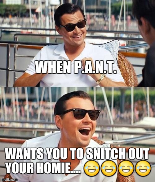 Leonardo Dicaprio Wolf Of Wall Street Meme | WHEN P.A.N.T. WANTS YOU TO SNITCH OUT YOUR HOMIE.... 😂😂😂😂 | image tagged in memes,leonardo dicaprio wolf of wall street | made w/ Imgflip meme maker