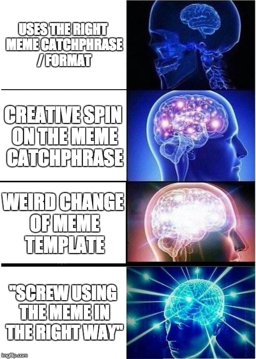 Expanding Brain Meme | USES THE RIGHT MEME CATCHPHRASE / FORMAT CREATIVE SPIN ON THE MEME CATCHPHRASE WEIRD CHANGE OF MEME TEMPLATE "SCREW USING THE MEME IN THE RI | image tagged in memes,expanding brain | made w/ Imgflip meme maker