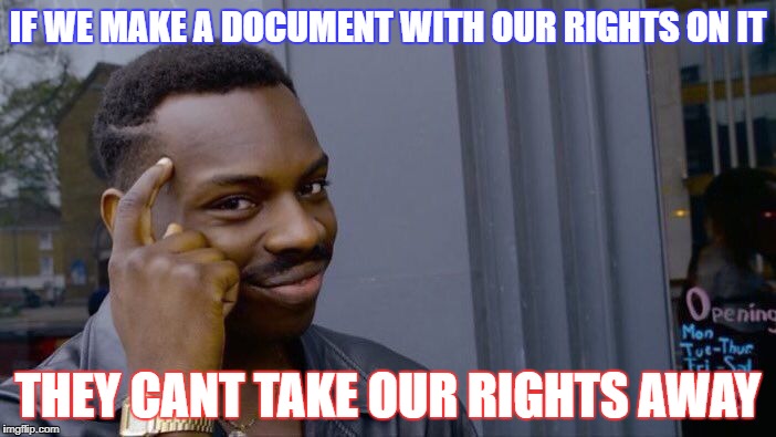 Roll Safe Think About It | IF WE MAKE A DOCUMENT WITH OUR RIGHTS ON IT; THEY CANT TAKE OUR RIGHTS AWAY | image tagged in memes,roll safe think about it | made w/ Imgflip meme maker