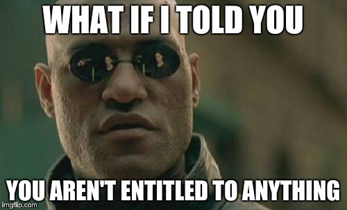Matrix Morpheus Meme | WHAT IF I TOLD YOU YOU AREN'T ENTITLED TO ANYTHING | image tagged in memes,matrix morpheus | made w/ Imgflip meme maker