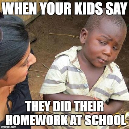 Third World Skeptical Kid | WHEN YOUR KIDS SAY; THEY DID THEIR HOMEWORK AT SCHOOL | image tagged in memes,third world skeptical kid | made w/ Imgflip meme maker