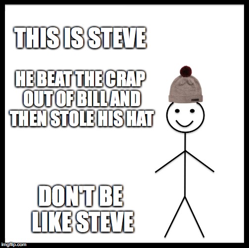 Be Like Bill Meme | THIS IS STEVE; HE BEAT THE CRAP OUT OF BILL AND THEN STOLE HIS HAT; DON'T BE LIKE STEVE | image tagged in memes,be like bill | made w/ Imgflip meme maker