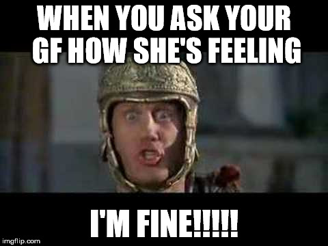 Sure you are | WHEN YOU ASK YOUR GF HOW SHE'S FEELING; I'M FINE!!!!! | image tagged in funny,move that miserable piece of shit,girlfriend,feelings,memes | made w/ Imgflip meme maker