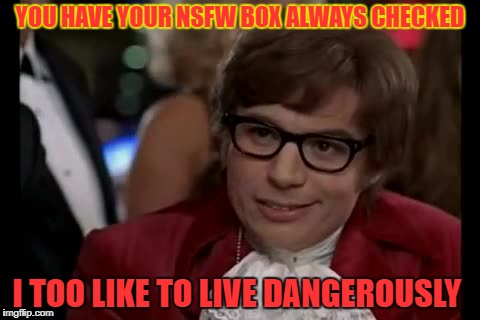 Bold decision | YOU HAVE YOUR NSFW BOX ALWAYS CHECKED; I TOO LIKE TO LIVE DANGEROUSLY | image tagged in memes,i too like to live dangerously,funny | made w/ Imgflip meme maker