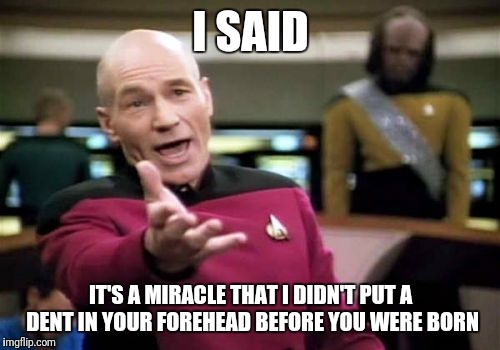 Picard Wtf Meme | I SAID IT'S A MIRACLE THAT I DIDN'T PUT A DENT IN YOUR FOREHEAD BEFORE YOU WERE BORN | image tagged in memes,picard wtf | made w/ Imgflip meme maker