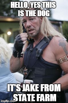 Dog the Bounty Hunter | HELLO, YES THIS IS THE DOG; IT'S JAKE FROM STATE FARM | image tagged in dog the bounty hunter | made w/ Imgflip meme maker