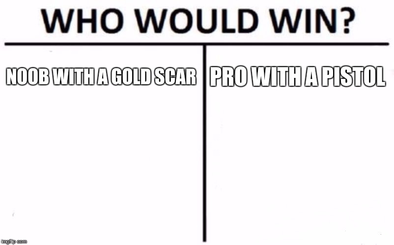 Who Would Win? | NOOB WITH A GOLD SCAR; PRO WITH A PISTOL | image tagged in memes,who would win | made w/ Imgflip meme maker