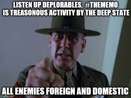 cleansing the deep state | LISTEN UP DEPLORABLES,  #THEMEMO IS TREASONOUS ACTIVITY BY THE DEEP STATE; ALL ENEMIES FOREIGN AND DOMESTIC | image tagged in memes,sergeant hartmann,deep state | made w/ Imgflip meme maker