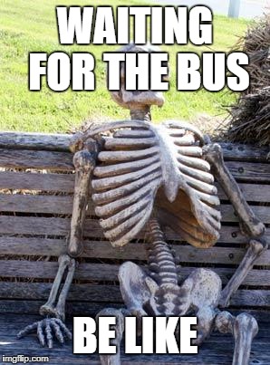 Waiting Skeleton | WAITING FOR THE BUS; BE LIKE | image tagged in memes,waiting skeleton | made w/ Imgflip meme maker