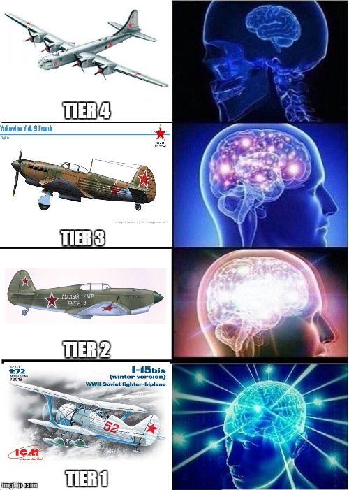 War thunder logic | TIER 4; TIER 3; TIER 2; TIER 1 | image tagged in memes,expanding brain | made w/ Imgflip meme maker