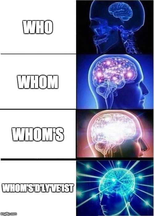 Expanding Brain | WHO; WHOM; WHOM'S; WHOM'S'D'LY'VE'IST | image tagged in memes,expanding brain | made w/ Imgflip meme maker