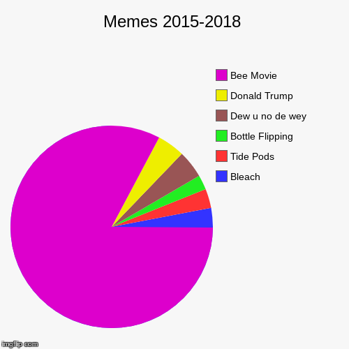 Memes 2015-2018 | Bleach, Tide Pods, Bottle Flipping, Dew u no de wey, Donald Trump, Bee Movie | image tagged in funny,pie charts | made w/ Imgflip chart maker
