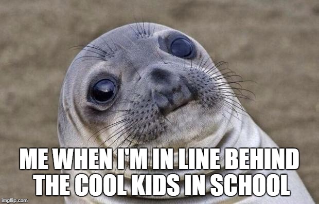 Awkward Moment Sealion Meme | ME WHEN I'M IN LINE BEHIND THE COOL KIDS IN SCHOOL | image tagged in memes,awkward moment sealion,scumbag | made w/ Imgflip meme maker