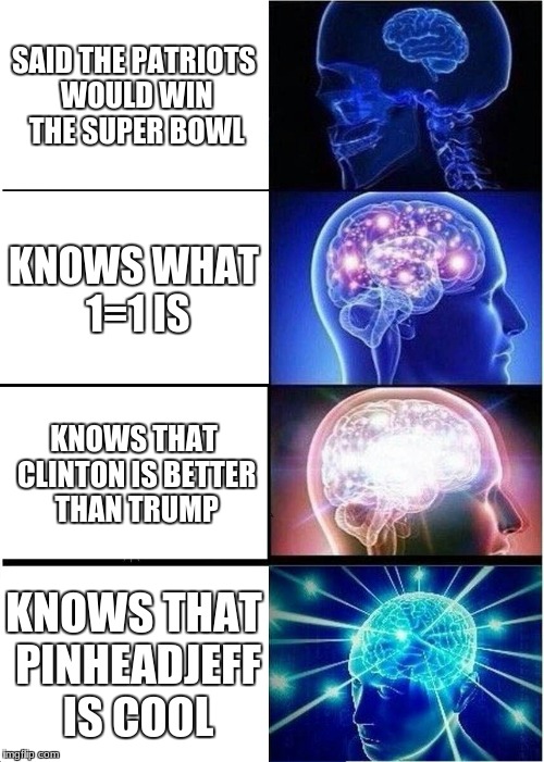 Expanding Brain Meme | SAID THE PATRIOTS WOULD WIN THE SUPER BOWL; KNOWS WHAT 1=1 IS; KNOWS THAT CLINTON IS BETTER THAN TRUMP; KNOWS THAT PINHEADJEFF IS COOL | image tagged in memes,expanding brain | made w/ Imgflip meme maker
