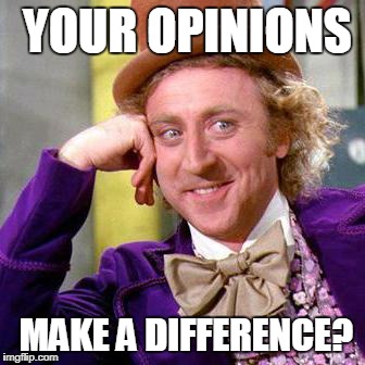 Willy Wonka Blank | YOUR OPINIONS; MAKE A DIFFERENCE? | image tagged in willy wonka blank | made w/ Imgflip meme maker