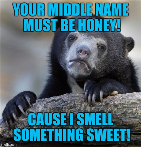 Confession Bear Meme | YOUR MIDDLE NAME MUST BE HONEY! CAUSE I SMELL SOMETHING SWEET! | image tagged in memes,confession bear | made w/ Imgflip meme maker