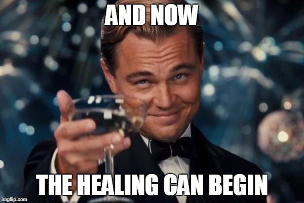 Leonardo Dicaprio Cheers Meme | AND NOW; THE HEALING CAN BEGIN | image tagged in memes,leonardo dicaprio cheers | made w/ Imgflip meme maker