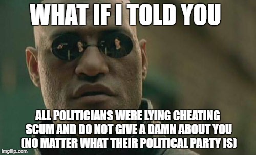Matrix Morpheus Meme | WHAT IF I TOLD YOU; ALL POLITICIANS WERE LYING CHEATING SCUM AND DO NOT GIVE A DAMN ABOUT YOU (NO MATTER WHAT THEIR POLITICAL PARTY IS) | image tagged in memes,matrix morpheus | made w/ Imgflip meme maker