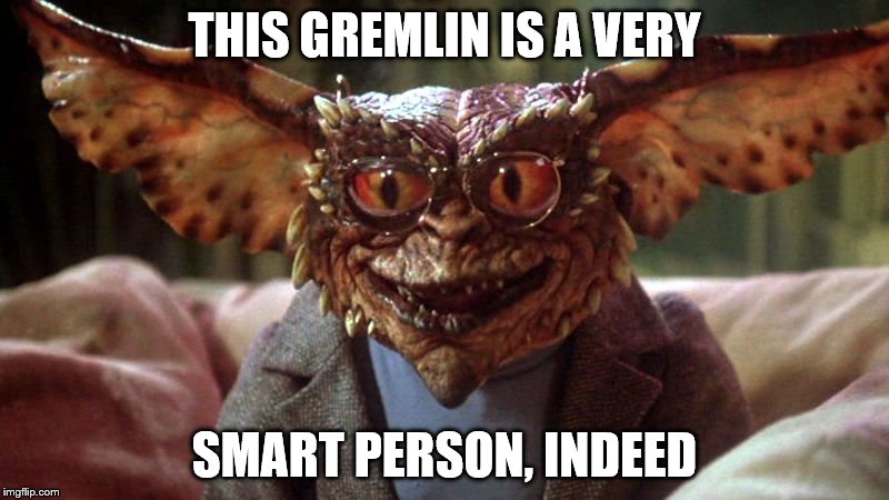 Brain the Gremlin | THIS GREMLIN IS A VERY; SMART PERSON, INDEED | image tagged in gremlin | made w/ Imgflip meme maker