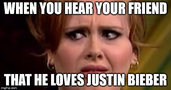 Justin Bieber vs Adele |  WHEN YOU HEAR YOUR FRIEND; THAT HE LOVES JUSTIN BIEBER | image tagged in no really adele | made w/ Imgflip meme maker