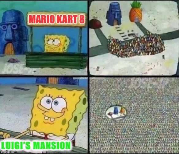 Who doesn’t like Luigi? | MARIO KART 8; LUIGI’S MANSION | image tagged in spongebob hype stand,mario,luigi | made w/ Imgflip meme maker