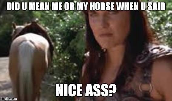 That ass | DID U MEAN ME OR MY HORSE WHEN U SAID; NICE ASS? | image tagged in dat ass,ass,horse,xena warrior princess,xena,angry xena | made w/ Imgflip meme maker