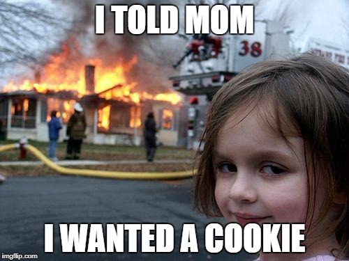 Disaster Girl Meme | I TOLD MOM; I WANTED A COOKIE | image tagged in memes,disaster girl | made w/ Imgflip meme maker