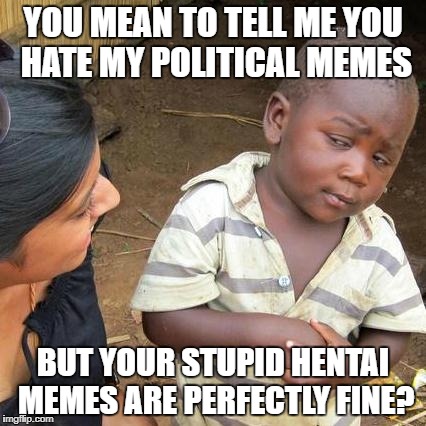 If you don't like a meme, then scroll past it and quit whining. | YOU MEAN TO TELL ME YOU HATE MY POLITICAL MEMES; BUT YOUR STUPID HENTAI MEMES ARE PERFECTLY FINE? | image tagged in memes,third world skeptical kid,politics,hentai | made w/ Imgflip meme maker