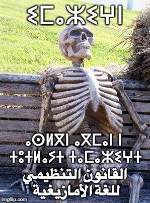 Waiting Skeleton Meme | ⵉⵎⴰⵣⵉⵖⵏ; ⴰⵙⵍⴳⵏ ⴰⴳⵎⴰⵏ ⵏ ⵜⵓⵜⵍⴰⵢⵜ ⵜⴰⵎⴰⵣⵉⵖⵜ; القانون التنظيمي للغة الأمازيغية | image tagged in memes,waiting skeleton | made w/ Imgflip meme maker