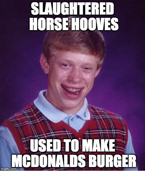 Bad Luck Brian Meme | SLAUGHTERED HORSE HOOVES USED TO MAKE MCDONALDS BURGER | image tagged in memes,bad luck brian | made w/ Imgflip meme maker