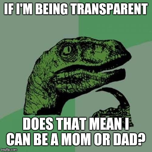 Philosoraptor Meme | IF I'M BEING TRANSPARENT; DOES THAT MEAN I CAN BE A MOM OR DAD? | image tagged in memes,philosoraptor | made w/ Imgflip meme maker